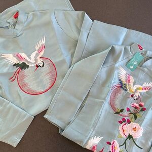 Vietnamese Couples Ao Dai Blue Embroidery Set of 2 Lunar New Year Dress